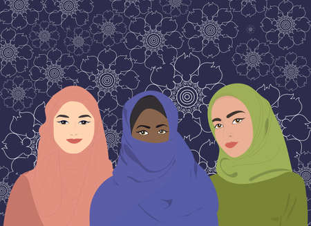 Greeting card with muslim women. Template for banner, poster, postcard in yellow and gray colors. Vector illustrationのイラスト素材