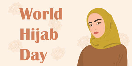 World Hijab Day banner. Muslim woman in hijab. Vector illustrationのイラスト素材