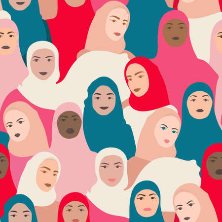 Bright seamless pattern with muslim women. International women's day, hijab day, graphic in vector in blue, red and pink colors.のイラスト素材