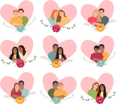 Different couple collection. Set of happy valentine day couple in love. Diversity conceptのイラスト素材