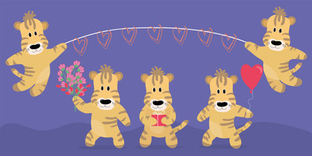 Valentines card with tiger. Cartoon style. Vector illustrationのイラスト素材