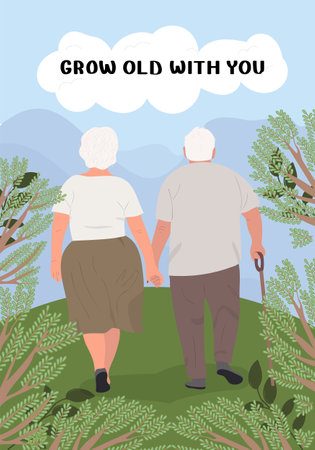 Grow old with you. An elderly couple is walking holding hands. back view. Vector illustration.のイラスト素材
