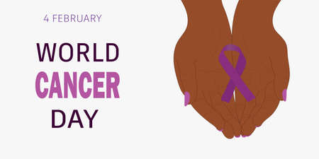 Flat world cancer day background. Hands holding awereness Ribbon for supporting people illness.のイラスト素材