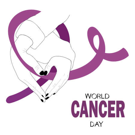 World Cancer Day poster. Vector cartoon illustration of hands with a heart shape holding a violet ribbon.のイラスト素材