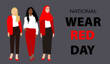 National wear red day banner. Beautiful business women in red. Vector illustrationのイラスト素材
