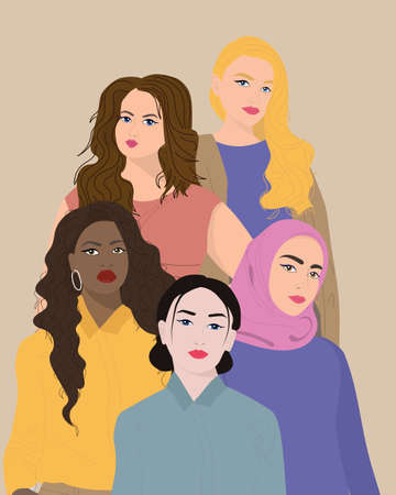 A group of beautiful women with different nationalities. Concept of woman, femininity, diversity, independence and equality. vector illustration.のイラスト素材