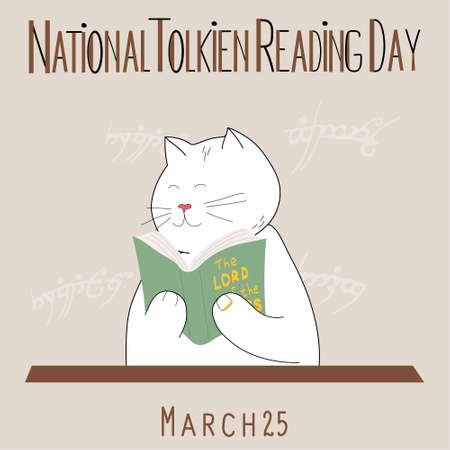 National Tolkien Reading Day. Unofficial holiday 25 March calendar page with cute catのイラスト素材