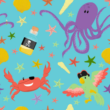 Pirate underwater animals vector seamless pattern.Childish cute backdrop.のイラスト素材