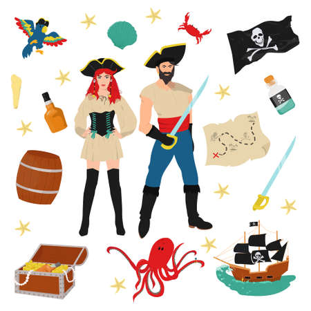 pirate set. Captain, sea wolf girl, ship, treasure, map, rum.のイラスト素材