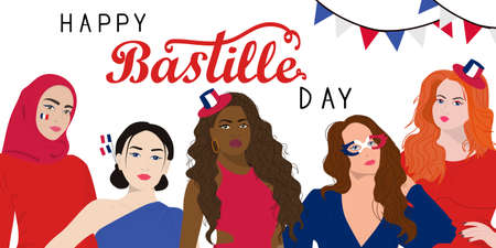 Bastille Day banner. Multiethnic group of women with France flags.のイラスト素材