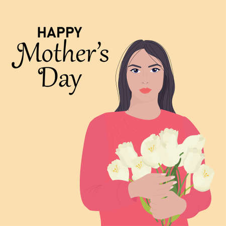 mothers day greeting card. woman with bouquet of tulipsのイラスト素材