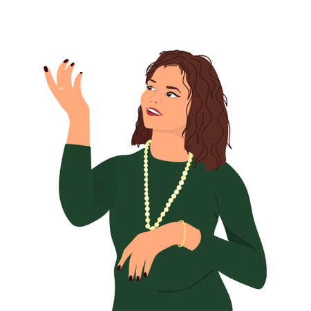 Happy woman. girl trying on jewelry. vector illustrationのイラスト素材