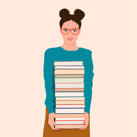 The girl is holding a huge stack of booksのイラスト素材