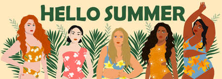 Women in swimming suits near palm leaves. hello summer banner. vector illustration