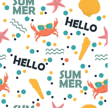 Summer seamless pattern. Crab in sunglasses and starfish background