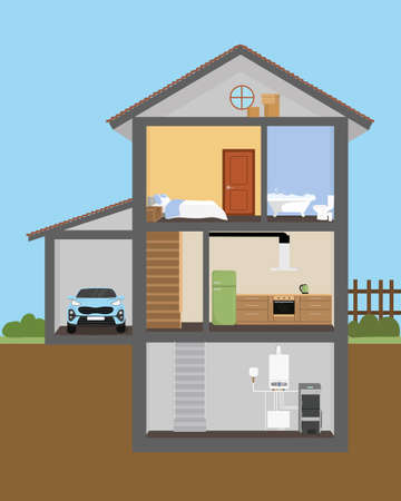 house cut. home interior. Flat style vector illustration, Rooms with furniture,のイラスト素材