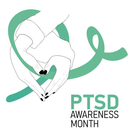 ptsd, awareness month poster. Vector cartoon illustration of hands with a heart shape holding a ribbon.のイラスト素材