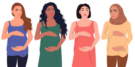Set of different pregnant women. Young beautiful multi-ethnic mothers of different nationalities.のイラスト素材