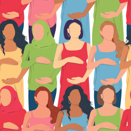 Seamless pattern of pregnant women. Modern banner about pregnancy and motherhood.のイラスト素材