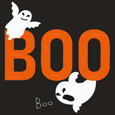 Boo word with ghost. Spooky monsters. Flat cartoon character vectorのイラスト素材