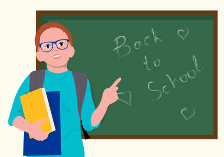 Back to school banner with school boy. Cute vector illustration in flat cartoon styleのイラスト素材