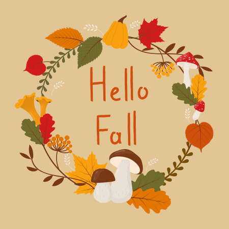Postcard with text Hello Fall. Fallen leaves, mushrooms and pumpkins lying in a circle. greeting card or invitationのイラスト素材