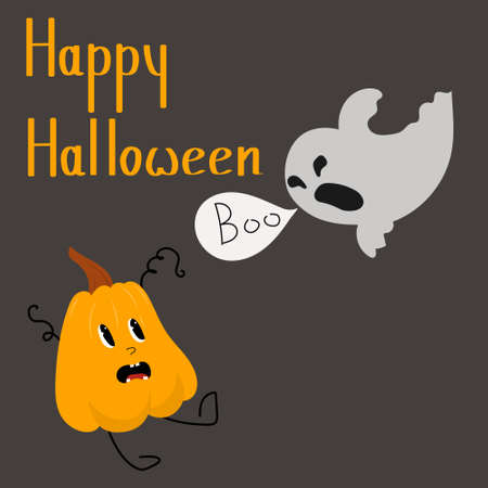 Happy halloween party greeting card with cute pumpkin and ghost. flat design. Vectorのイラスト素材