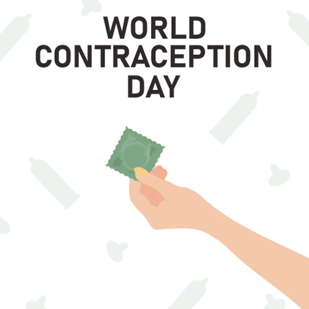 Square card World Contraception Day. Hand holding condom package. vector illustrationのイラスト素材