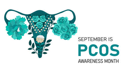 Polycystic ovary syndrome month banner. Horizontal illustration with uterus.のイラスト素材