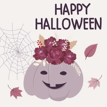Halloween pumpkin. Cute carved pumpkin with flowers. vector illustrationのイラスト素材