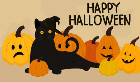 Halloween banner with cat and pumpkins. cute vector illustrationのイラスト素材