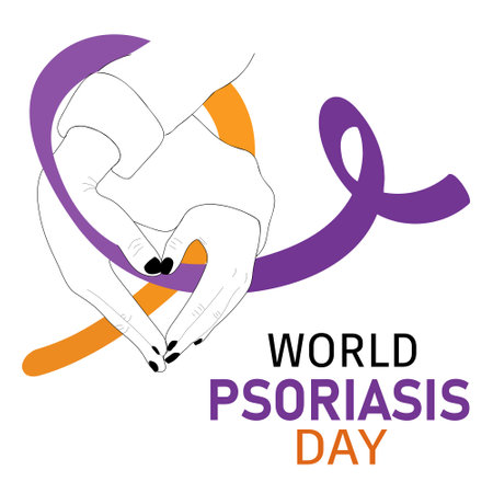Psoriasis day poster. Vector cartoon illustration of hands with a heart shape holding a ribbon.のイラスト素材