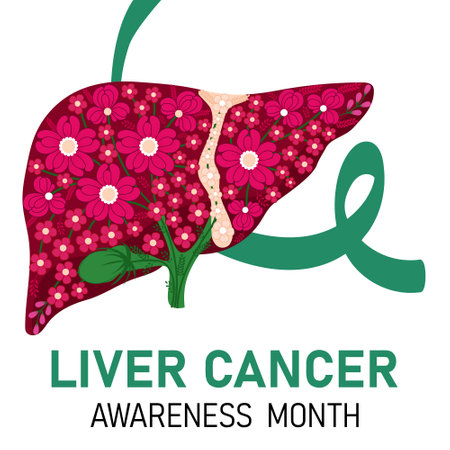 Liver Cancer Awareness Month poster. Vector cartoon illustration of liver and ribbon.のイラスト素材
