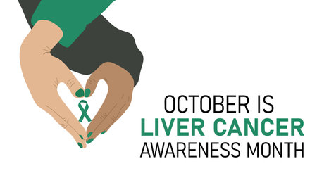 Liver Cancer Month. Hands making heart shape holding awareness ribbonのイラスト素材