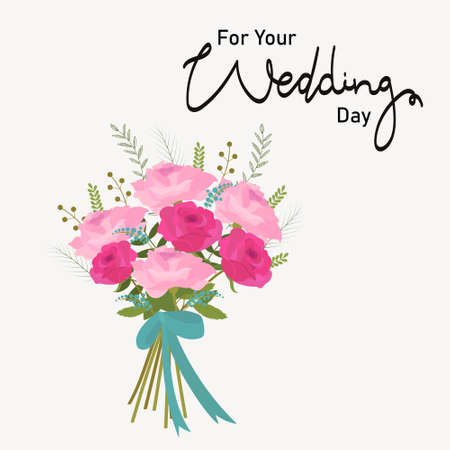 wedding greeting card. Elegant garden wedding bouquet with text. vector illustration.のイラスト素材