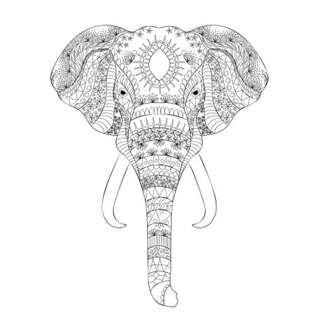 Mandala outline elephant head. Antistress coloring page. vector illustrationのイラスト素材