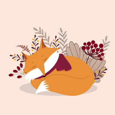 Sleeping autumn fox. kids background. vector illustration in cartoon styleのイラスト素材