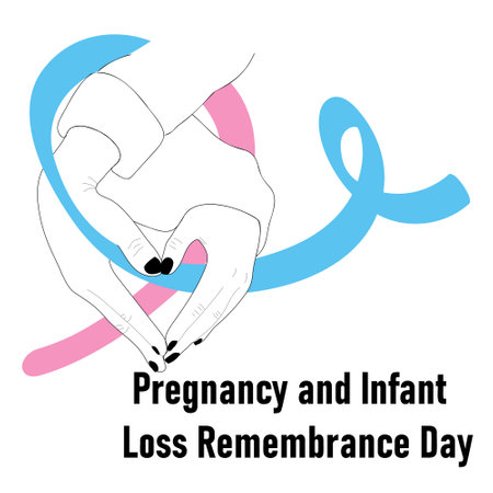National Pregnancy & Infant Loss Remembrance Day. Vector cartoon illustration of hands with a heart shape holding a ribbon.のイラスト素材