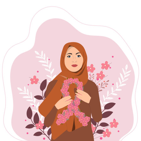 Muslim woman holding awareness ribbon. breast cancer concept. vector illustrationのイラスト素材