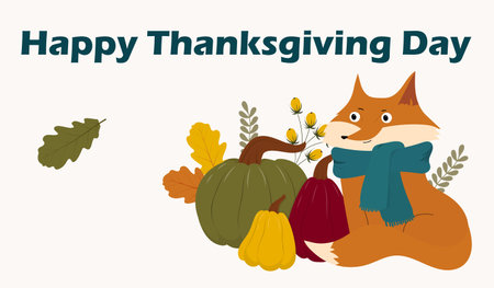 Thanksgiving card template with fox and pumpkins. Vector Thanksgiving Designのイラスト素材