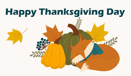 Thanksgiving Greeting Card with Fox. Horizontal vector illustration with fox and pumpkins.のイラスト素材