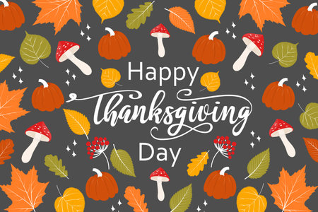 thanksgiving day. Greeting card with mushrooms, autumn leaves and pumpkins. vector illustrationのイラスト素材