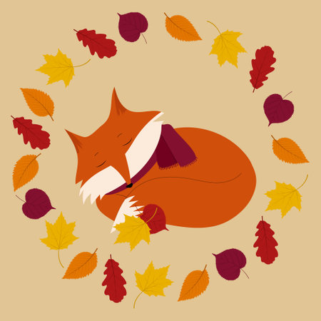 Flat autumn fox with leaves. Golden season foxy with leaf greeting card. vector illustrationのイラスト素材
