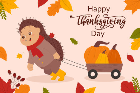 Thanksgiving card with hedgehog. Perfect for web, harvest festival, banner, card and Thanksgiving. vector illustration.のイラスト素材