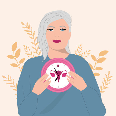 Old woman holding clocks. menopause concept. vector illustrationのイラスト素材