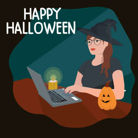 Woman in witch costume celebrate Halloween online. vector illustrationのイラスト素材