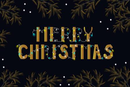 Merry Christmas card on dark background. Greeting card with glowing light bulb garland on gradient background. vector illustrationのイラスト素材