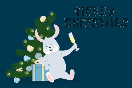 Merry christmas card. Happy bunny with champagne. Vector greeting card.のイラスト素材