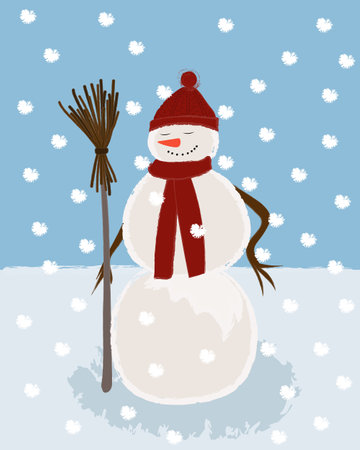 Winter background with a snowman in a hat and a scarf. flat design. vector illustration.のイラスト素材
