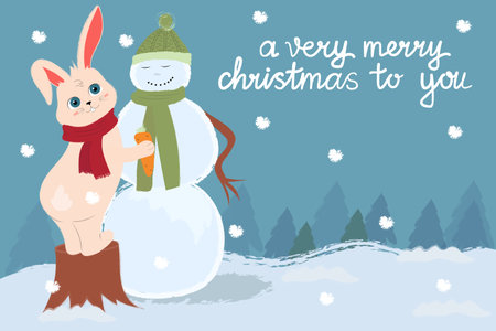Funny rabbit trying to put down snowman's carrot nose. Happy bunny with snowman. Vector greeting card.のイラスト素材